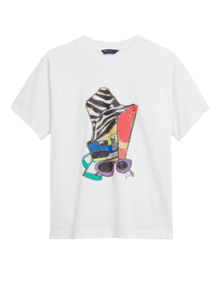 

M&S X JESS ROSE BIRD Camiseta 100% algodón estampada con escote cerradoWomens - Red Mix, Red Mix