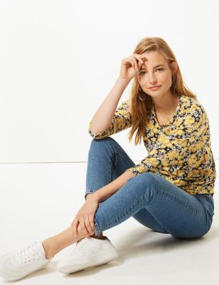 Floral Print 3/4 Sleeve T-Shirt with Linen - AT