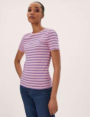 

Womens M&S Collection Cotton Rich Striped Fitted T-Shirt - Pink Mix, Pink Mix