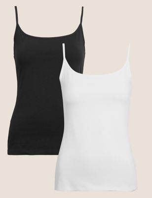 Marks And Spencer Womens M&S Collection 2pk Cotton Rich Slim Fit Cami Tops - Black/White, Black/White