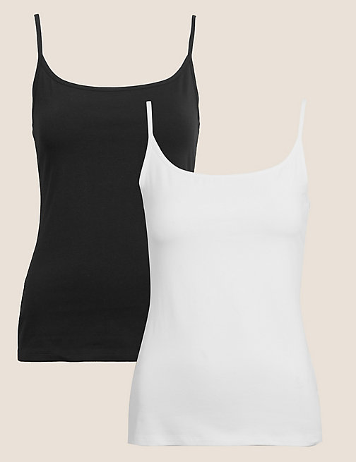 Marks And Spencer Womens M&S Collection 2pk Cotton Rich Slim Fit Cami Tops - Black/White
