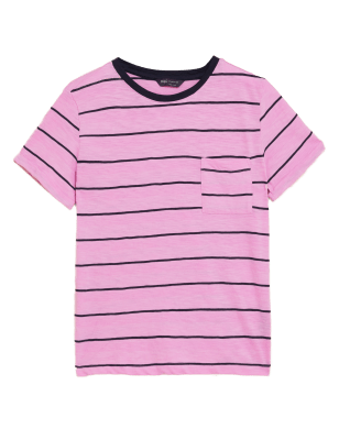 

Womens M&S Collection Pure Cotton Striped Crew Neck T-Shirt - Soft Magenta, Soft Magenta