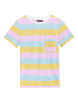 

Womens M&S Collection T-Shirt aus reiner Baumwolle mit Rundhalsausschnitt und Streifendesign - Gold Mix, Gold Mix