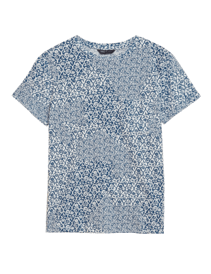 

Womens M&S Collection Pure Cotton Printed Crew Neck T-Shirt - Blue Mix, Blue Mix