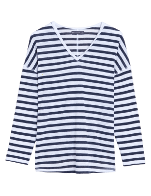 

Womens M&S Collection Gestreiftes Langarmoberteil mit V-Ausschnitt und hohem Leinenanteil - Soft White, Soft White