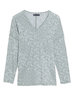 

Womens M&S Collection Langarmoberteil mit V-Ausschnitt, hohem Leinenanteil und Muster - White Mix, White Mix