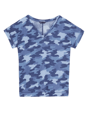 

M&S Collection Camiseta de lino estampada de escote en picoWomens - Blue Mix, Blue Mix