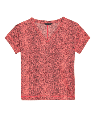 

Womens M&S Collection Gemustertes T-Shirt mit V-Ausschnitt und hohem Leinenanteil - Black Mix, Black Mix