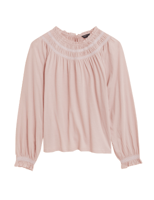 

Womens M&S Collection Pure Cotton Smocked Detail Long Sleeve Top - Pink Shell, Pink Shell