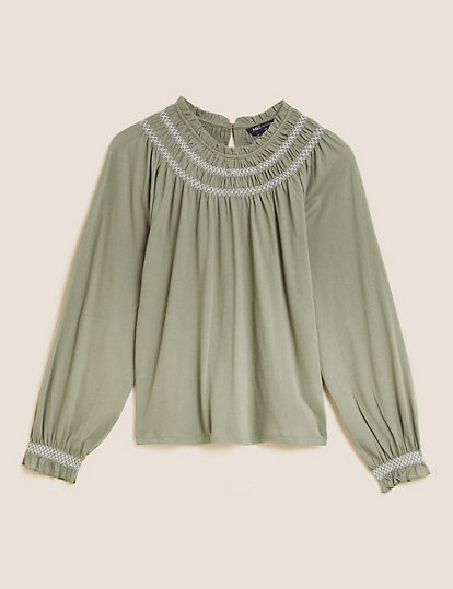 Pure Cotton Smocked Detail Long Sleeve Top