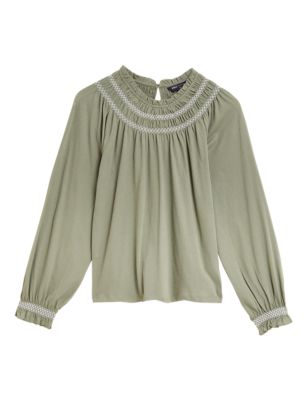 

Womens M&S Collection Pure Cotton Smocked Detail Long Sleeve Top - Faded Khaki, Faded Khaki