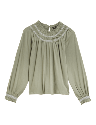 

Womens M&S Collection Pure Cotton Smocked Detail Long Sleeve Top - Faded Khaki, Faded Khaki