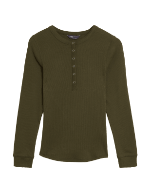 

Womens M&S Collection Cotton Rich Ribbed Long Sleeve Top - Dark Khaki, Dark Khaki