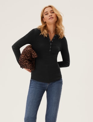 Cotton Ribbed Long Sleeve Top - Black