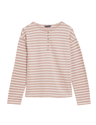 

M&S Collection Top Henley 100% algodón de manga larga de rayasWomens - Dusted Pink, Dusted Pink
