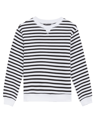 

Womens M&S Collection Gestreiftes Sweatshirt mit hohem Baumwollanteil und Rundhalsausschnitt - White Mix, White Mix