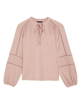 

Womens M&S Collection Besticktes Oberteil aus reiner Baumwolle mit Bindekragen - Dusted Pink, Dusted Pink