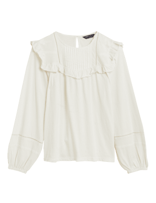

Womens M&S Collection Langarmoberteil aus reiner Baumwolle mit Biesen - Ivory, Ivory