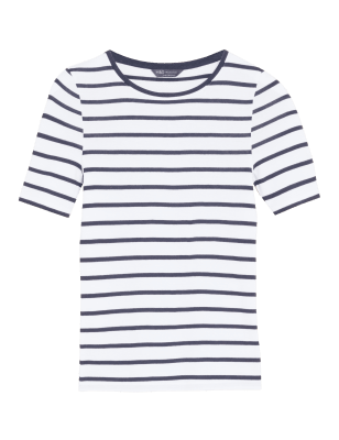 

Womens M&S Collection Pure Cotton Striped Regular Fit Top - White Mix, White Mix