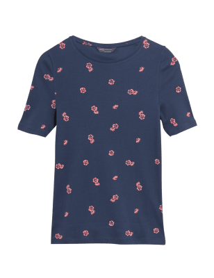 

Womens M&S Collection Pure Cotton Printed Half Sleeve Top - Navy Mix, Navy Mix