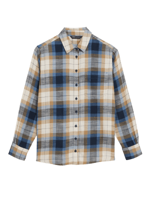 

M&S Collection Camisa 100% algodón a cuadros de manga largaWomens - Blue Mix, Blue Mix