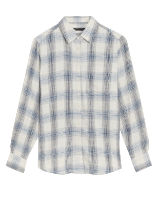 

Womens M&S Collection Pure Cotton Checked Long Sleeve Shirt - White Mix, White Mix