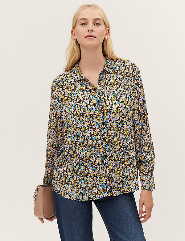 Floral Collared Longline Long Sleeve Shirt - MM
