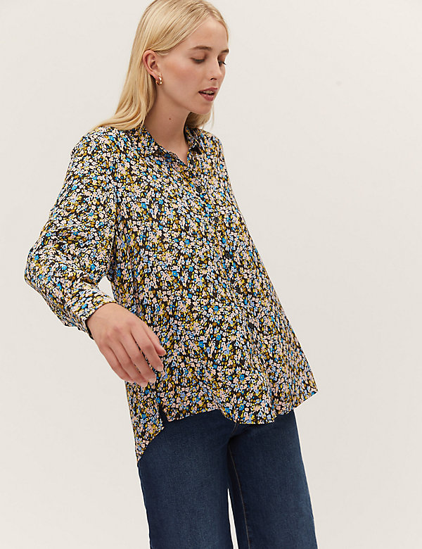 Floral Collared Longline Long Sleeve Shirt - MM