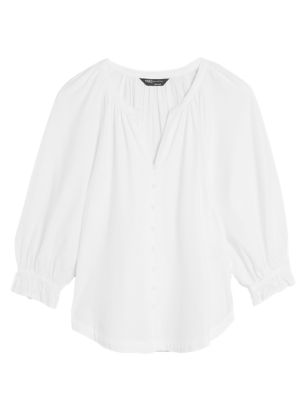 

M&S Collection Blusa 100% algodón de manga 3/4 de escote en picoWomens - White, White