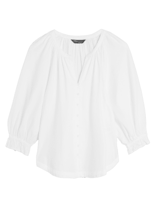 

M&S Collection Blusa 100% algodón de manga 3/4 de escote en picoWomens - White, White