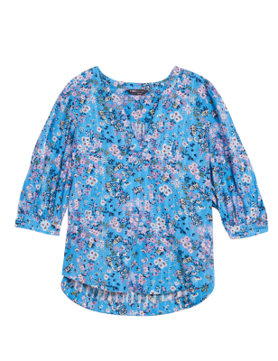 

M&S Collection Blusa 100% algodón de manga 3/4 estampadaWomens - Blue Mix, Blue Mix