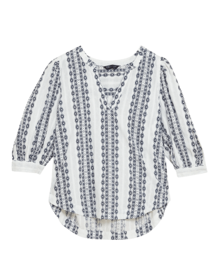 

M&S Collection Blusa 100% algodón de manga 3/4 estampadaWomens - Ivory Mix, Ivory Mix