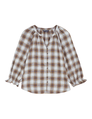 

M&S Collection Blusa 100% algodón de manga 3/4 de cuadrosWomens - Brown Mix, Brown Mix