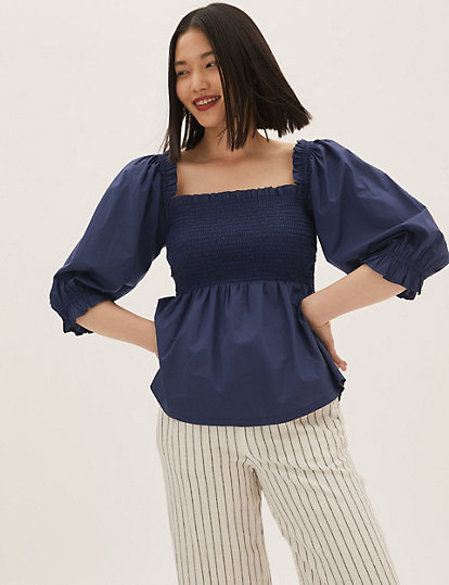 Pure Cotton Square Neck 3/4 Sleeve Top