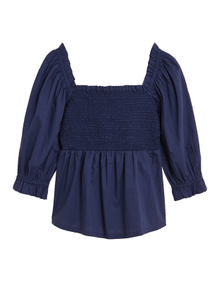 

Womens M&S Collection Oberteil aus reiner Baumwolle mit 3/4-Ärmeln und eckigem Ausschnitt - Navy, Navy