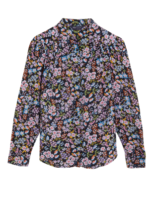 

Womens M&S Collection Langarmbluse aus reiner Baumwolle mit Blumenmuster - Black Mix, Black Mix