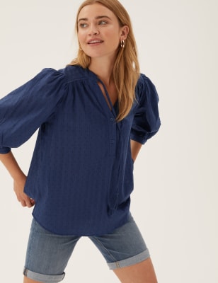 

Womens M&S Collection Pure Cotton V-Neck 3/4 Sleeve Blouse - Ink, Ink