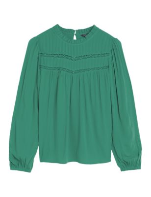 

Womens M&S Collection High Neck Frill Detail Long Sleeve Blouse - Green, Green