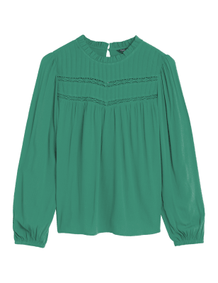 

M&S Collection Blusa con cuello alto de manga larga con detalle de volanteWomens - Green, Green