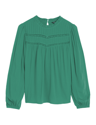 

Womens M&S Collection High Neck Frill Detail Long Sleeve Blouse - Green, Green