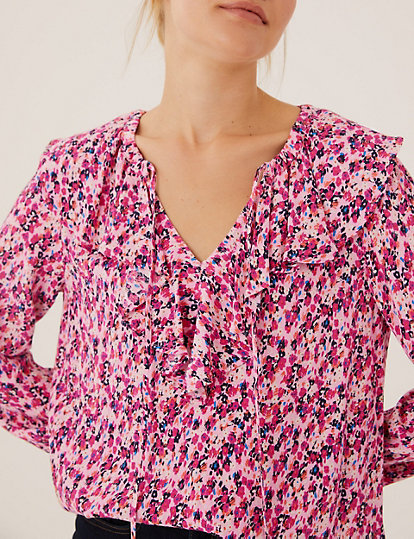 Floral Tie Neck Ruffle Long Sleeve Blouse