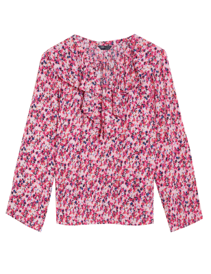 

Womens M&S Collection Floral Tie Neck Ruffle Long Sleeve Blouse - Pink Mix, Pink Mix