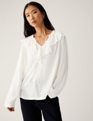 Self-tie Ruffle-Sleeve Blouse