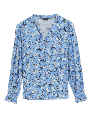 

Womens M&S Collection Bedruckte Langarmbluse mit V-Ausschnitt - Blue Mix, Blue Mix