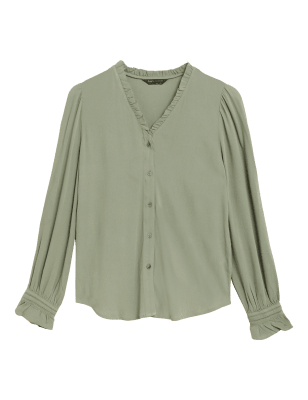 

Womens M&S Collection V-Neck Frill Detail Long Sleeve Blouse - Khaki, Khaki