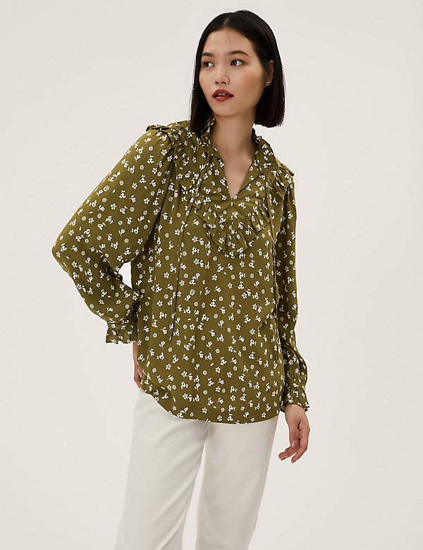 Printed Tie Neck Long Sleeve Popover Blouse - MM