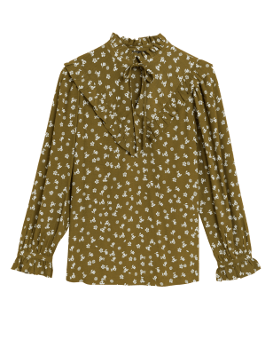 

M&S Collection Blusa cerrada de manga larga estampada con lazo en el cuelloWomens - Green Mix, Green Mix