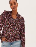 Printed Tie Neck Long Sleeve Popover Blouse