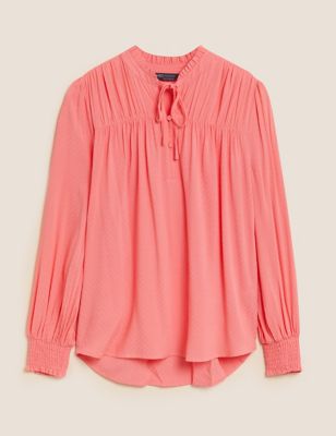 Tie Neck Frill Detail Long Sleeve Blouse