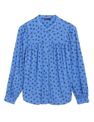 

Womens M&S Collection Printed Collarless Long Sleeve Blouse - Medium Blue Mix, Medium Blue Mix